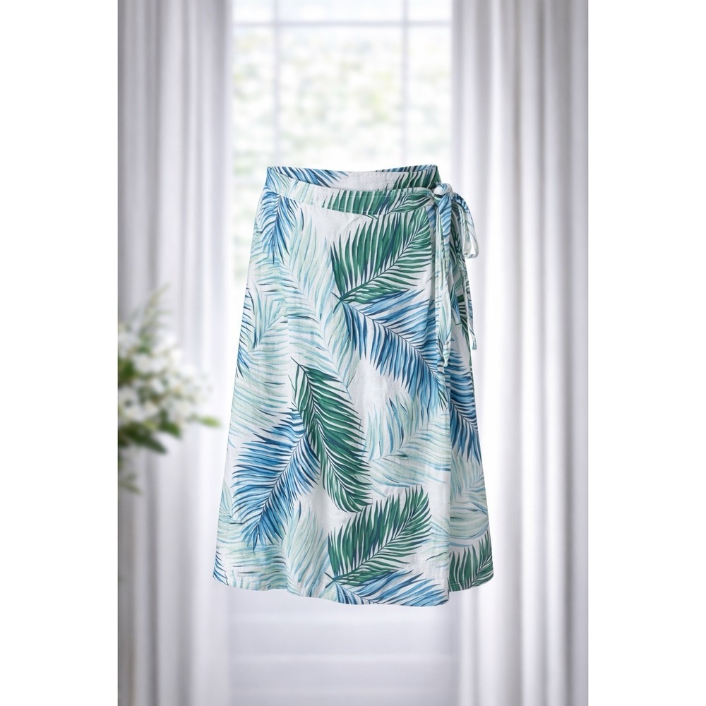 Tahari Wrap Skirt 100% Linen Blue Green White Palm Tropical Tie MIDI Size‎ M